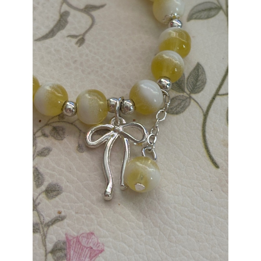 Handmade Beaded Bracelet Set Pink Yellow Butterfly Bow Charms Stretch Jewelry